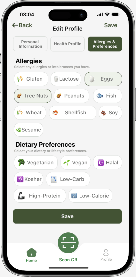 FitMenu profile — set your allergies and dietary preferences